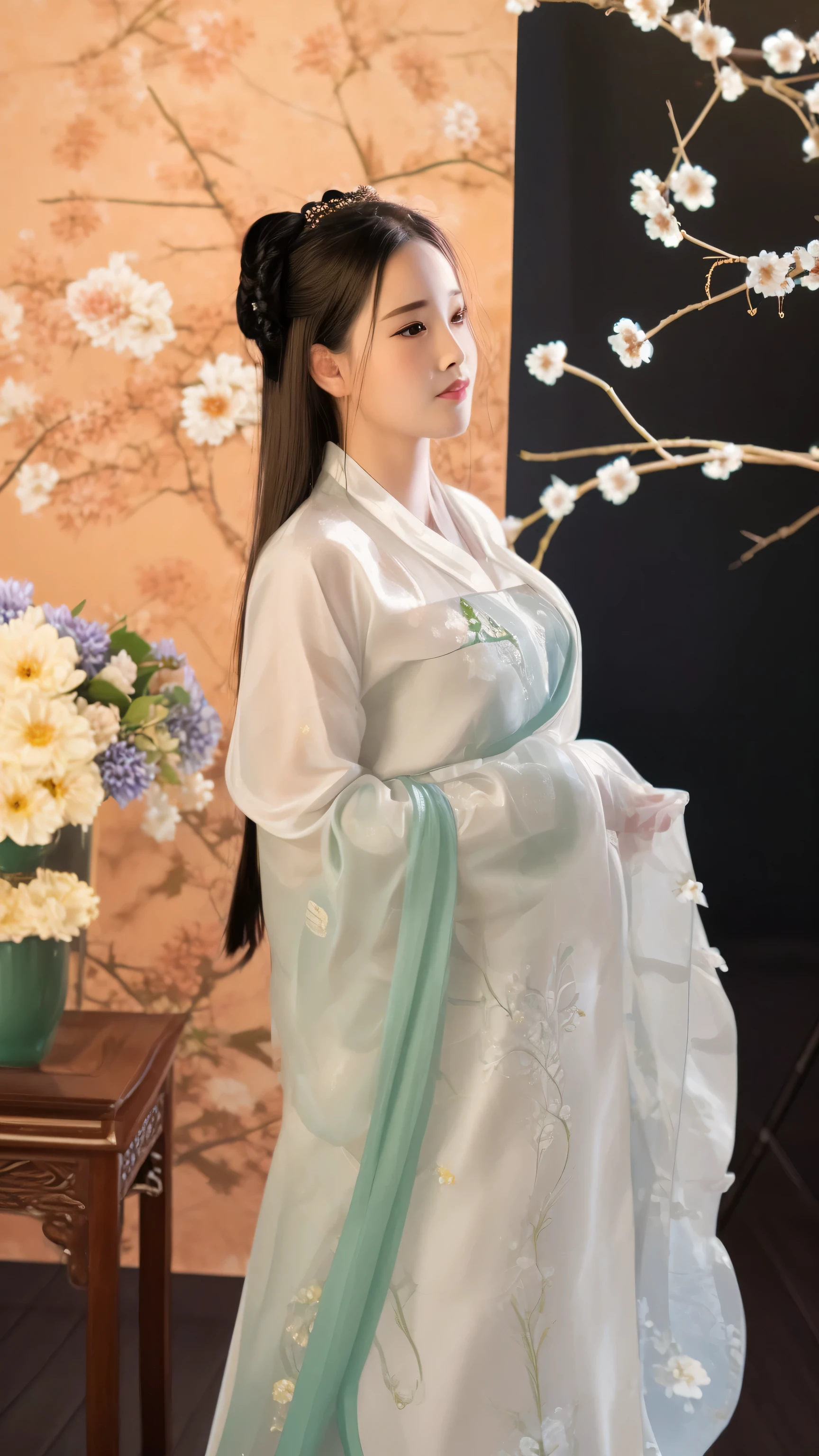 there is a woman in a white dress standing next to a vase of flowers, hanfu, white hanfu, palace ， a girl in hanfu, wearing ancient chinese clothes, with acient chinese clothes, traditional chinese clothing, wearing a luxurious silk cloak, chinese costume, inspired by Gu An, inspired by Tang Yin, inspired by Qiu Ying, wearing ornate silk clothes