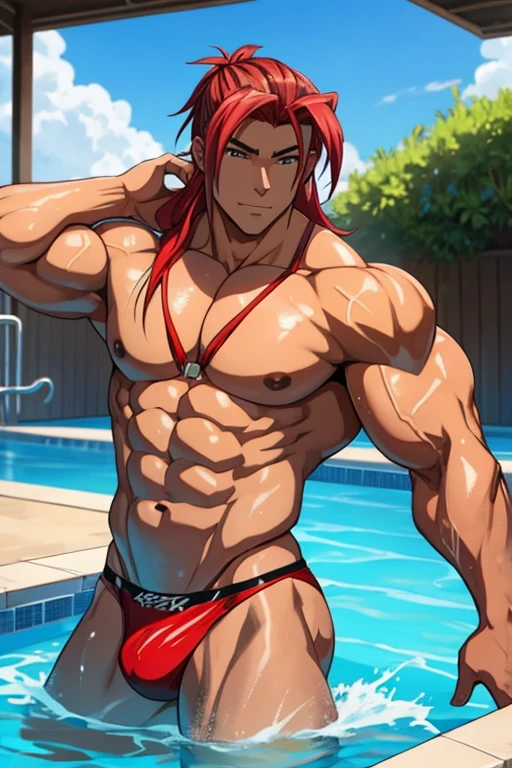 20 year old male bodybuilder anime character wearing metallic red bodybuilder thong with a mullet hairstyle with ash colored hair while coming out of a pool with suggestive look