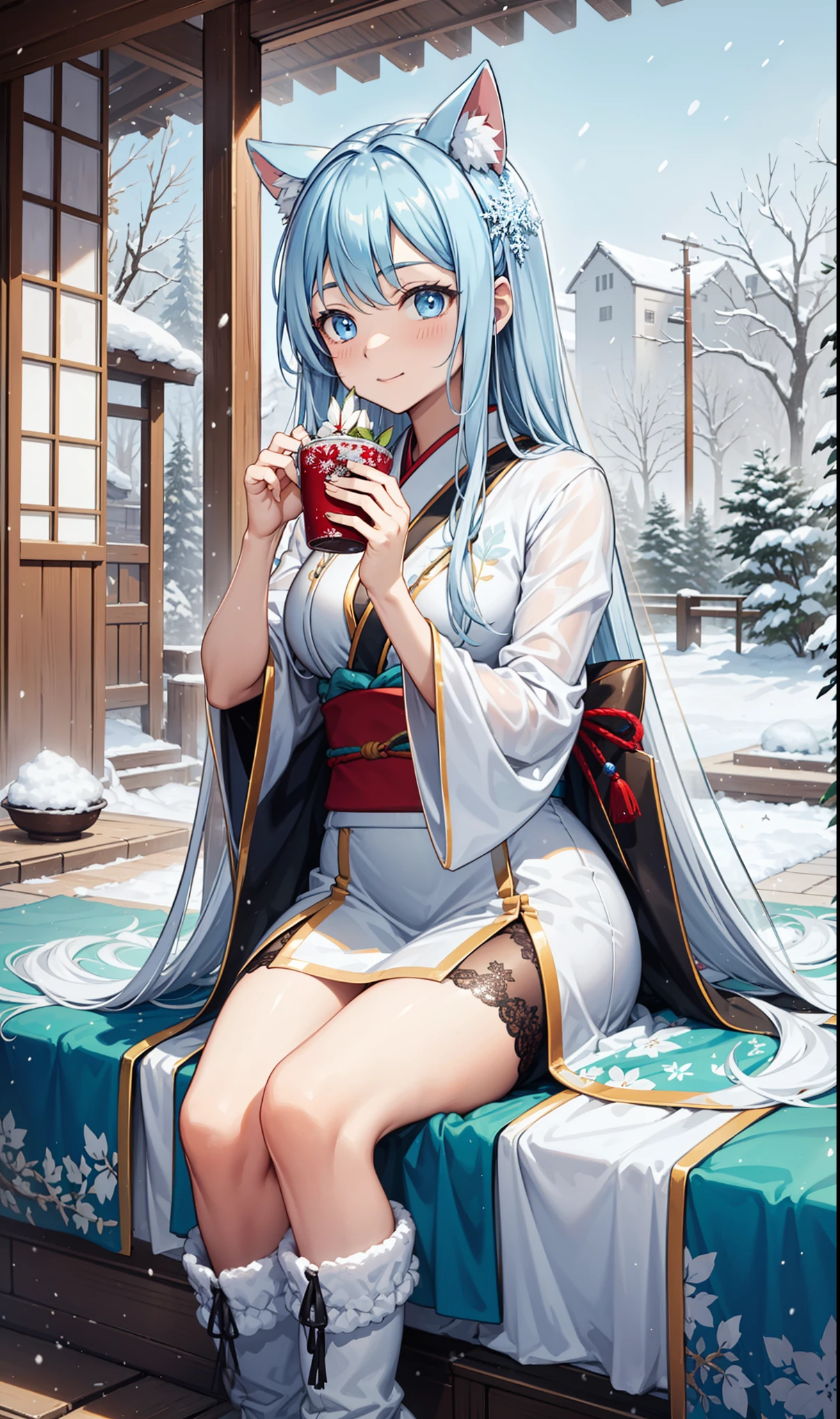 girl,having fun,in love,Mild seduction。(White dress in fantasy world),Suitable for transparent clothes,,Sky blue cloth,Snowflake pattern,Sky blue pattern,snowy night,Transparent lace,exquisite clothing,sitting position,the only person,Japanese garden,(night:1.1),Heavy snow,(snowflakes flying),(Long suspender boots:1.1),Exquisite and beautiful face,sitting position,Playing with the snow,ice blue eyes, Frosty white hair