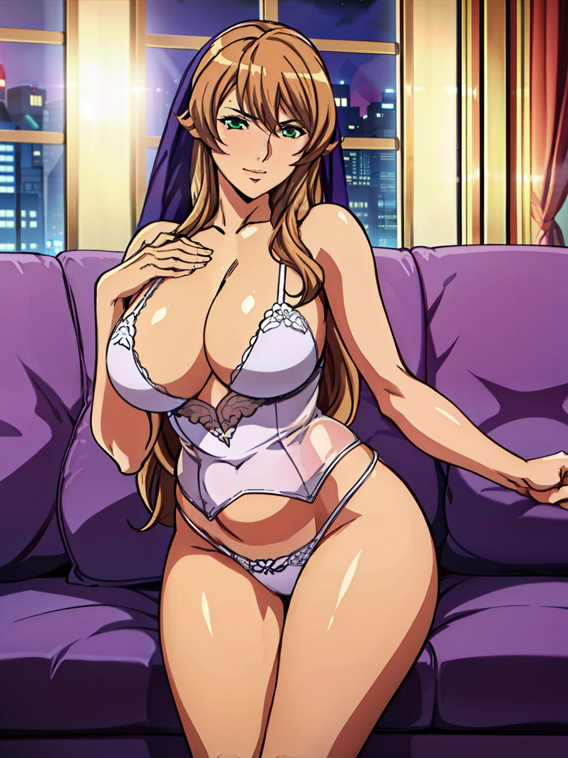 (sitting on luxury sofa), white lingerie, white socks, very tempting pose, night time, window, night city view, (luxury livingroom background), Sigui, mature woman, anime cels style, best quality, high resolution, 1girl, (huge breasts:1.2), beautiful face, Beautiful Finger, Beautiful long legs, Beautiful body, Beautiful Nose,Beautiful character design, long hair, brown hair, Bangs, green eyes, (cowboy shot), light smile, blushing, looking at viewer