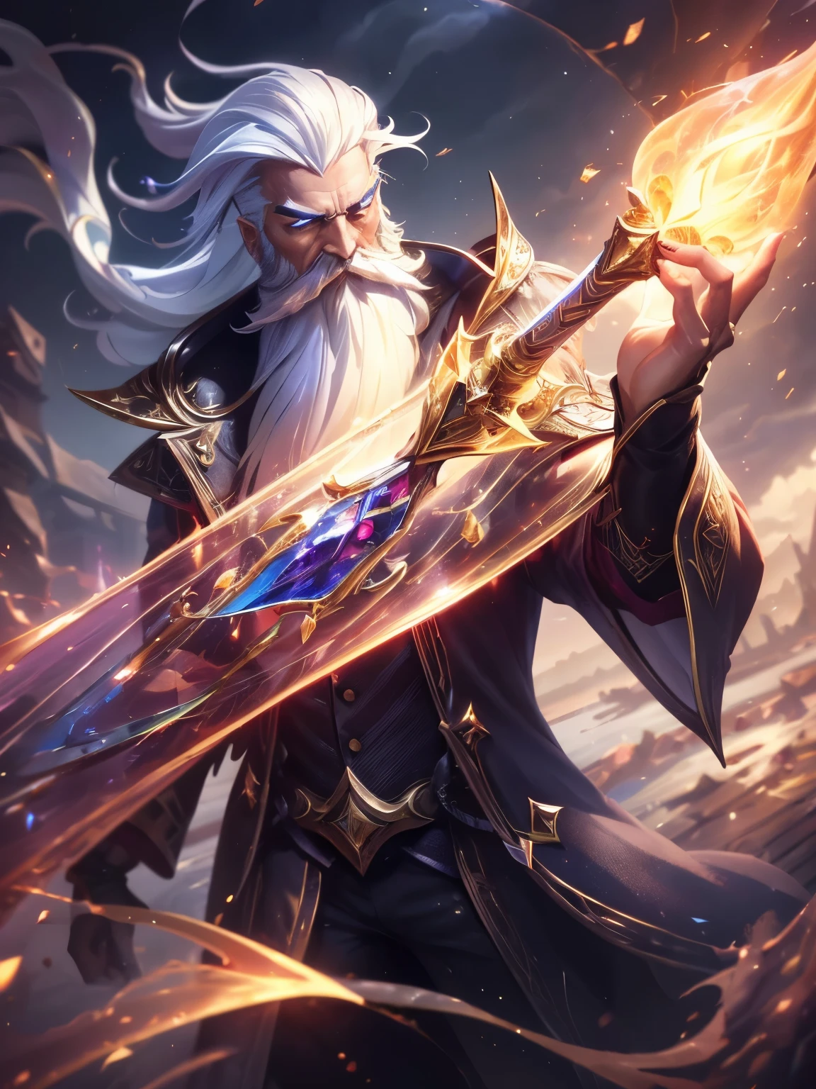 Broken glass, old man, (to shine:1.0), (fire magic;1.2), long white hair, Wizard, clouds in the sky, photograph, (power shot:1.2), league of Legends, black eyes,Wizard, (Hold the scepter.:1.2), (Broken glass:1.0), Highly detailed, Harbor port area, Masterpiece, (HDR)(Wallpaper)(movie light)(Sharp focus), Masterpiece, best quality, (best quality),(Explosive magic:1.2),top view,to shineสะท้อน,overcoatสีดำ,clear colored stone,crystal,golden rose petals,have a beard,magical,overcoat