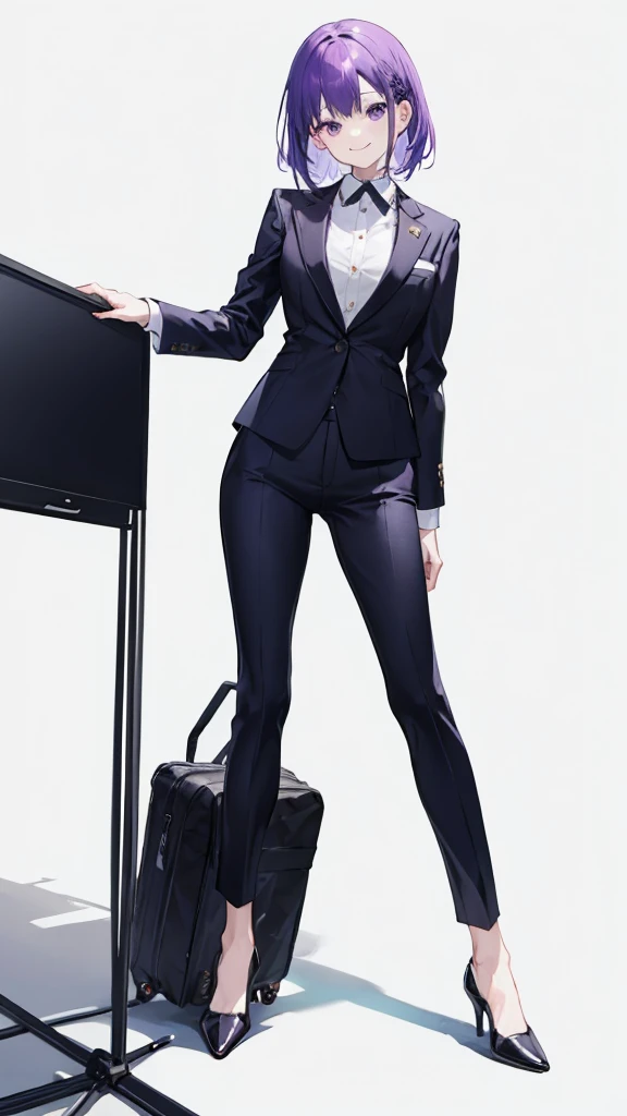 Woman with purple hair,suit,The best is in sight,shirt,Harness,pants,Heel,simple background,smile,whole body,full body,full body,Standing picture,vtuber,front,from front,Viewer&#39;s perspective,視線をfrontに,