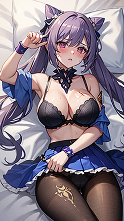 damaged underwear，Pierced underwear，huge breasts，Broken bra strap，seriously injured，Injuried，Battle damage，Expression of pain，weak，blush，Gasping lightly，collapse on bed