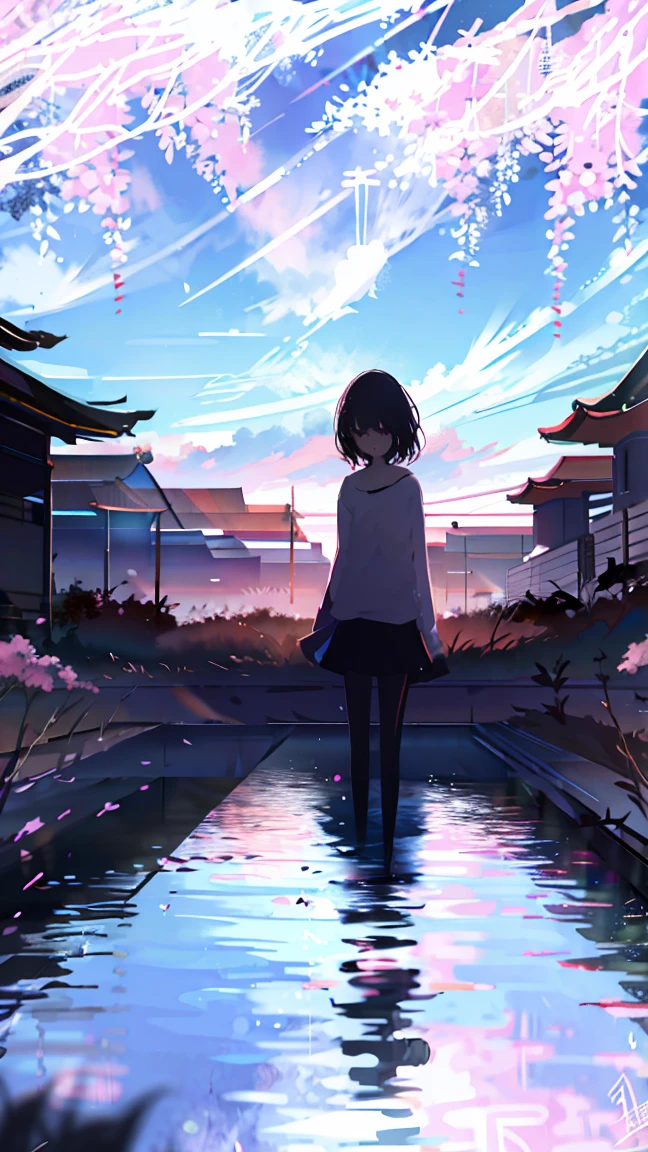 sparrow, black hair girl, wearing a sweater, black skirt, medium hair, headphone, Because I'm slender, teen, serious face, Japanese high school girl. She is sitting at the shrine,cherry blossoms,cherry blossoms並木,long hair,Bright white skin,long hair