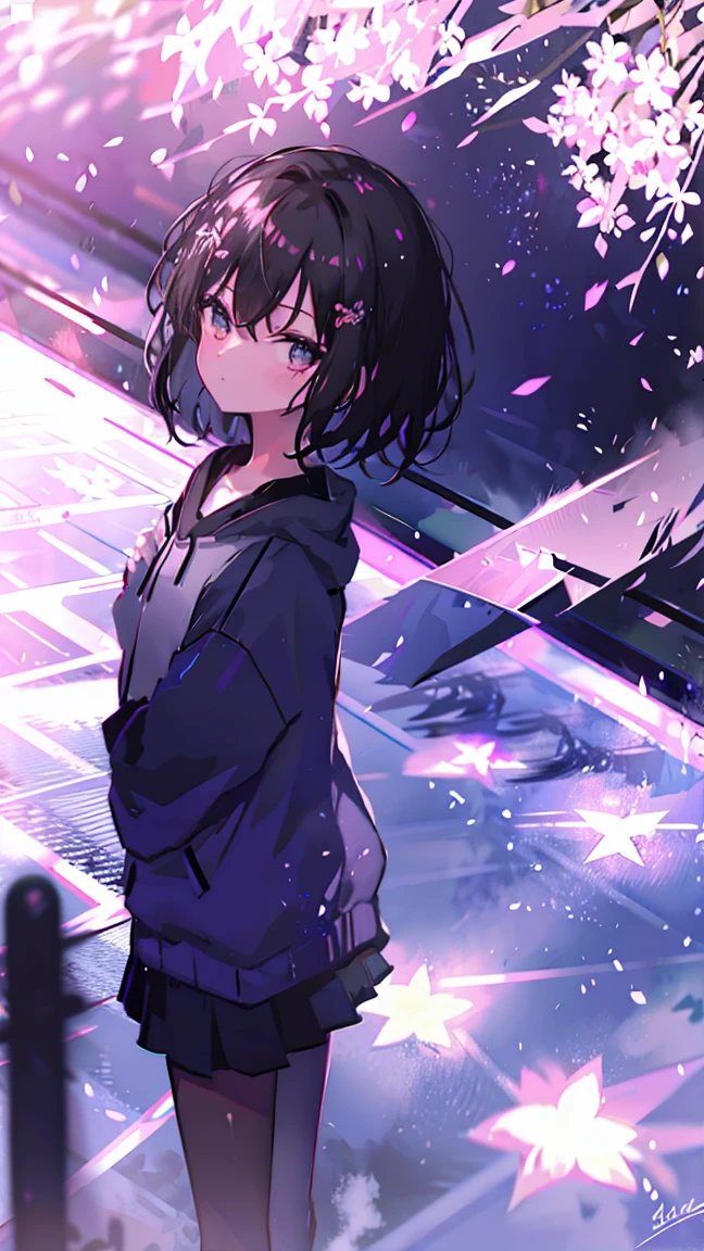 sparrow, black hair girl, wearing a sweater, black skirt, medium hair, headphone, Because I'm slender, , serious face, Japanese high school girl. She is sitting at the shrine,cherry blossoms,cherry blossoms並木,long hair,Bright white skin,long hair