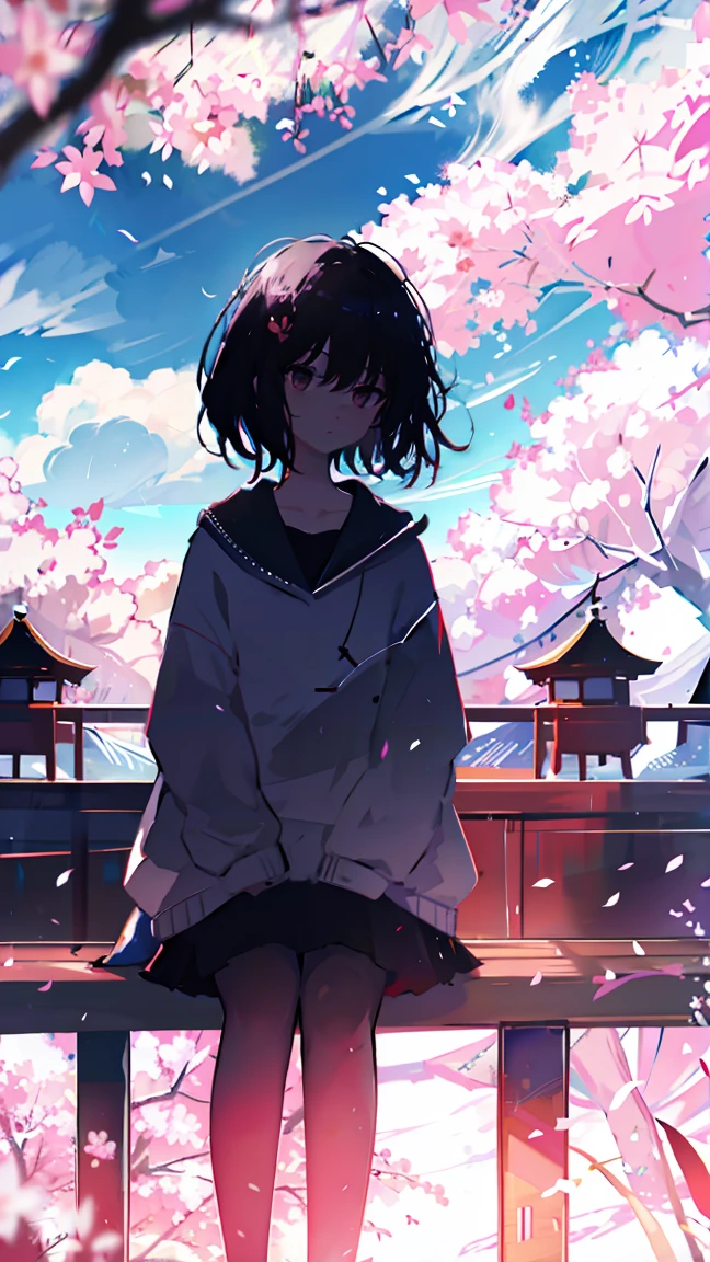 sparrow, black hair girl, wearing a sweater, black skirt, medium hair, headphone, Because I&#39;m slender, , serious face, Japanese high school girl. She is sitting at the shrine,cherry blossoms,cherry blossoms並木,long hair,Bright white skin,long hair