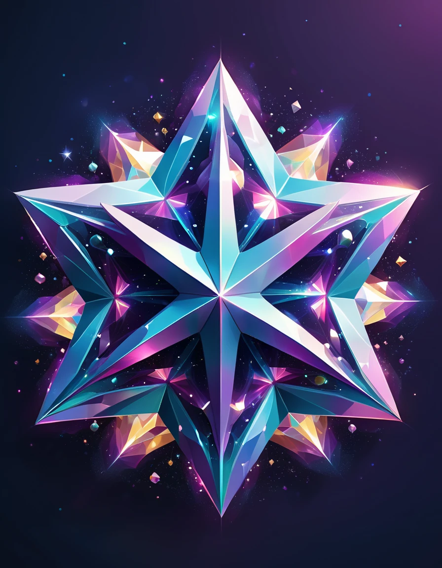 Futuristic six-pointed star huge geometric design as the main body,Isometric galaxy graphic design artwork, Vector flat design soft dreamy crystals,Bright clear simple background highly detailed and clean, vector image, Realistic Masterpiece Isometric, Vibrant vector transparent glass texture.The contrast between light and shadow is obvious.High quality intricate details, super detailed, surreal, Ultra high definition master works