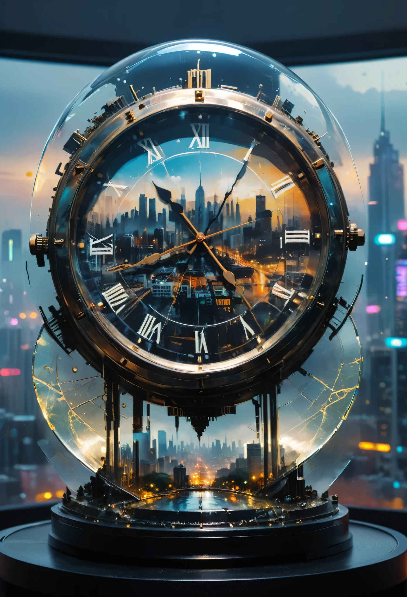 Ano 2200, Double exposure of a clock and city view, diecast clock with city view, Ciberpunk, (Melhor qualidade, obra de arte, Trabalho representativo, arte oficial, profissional, 8k)