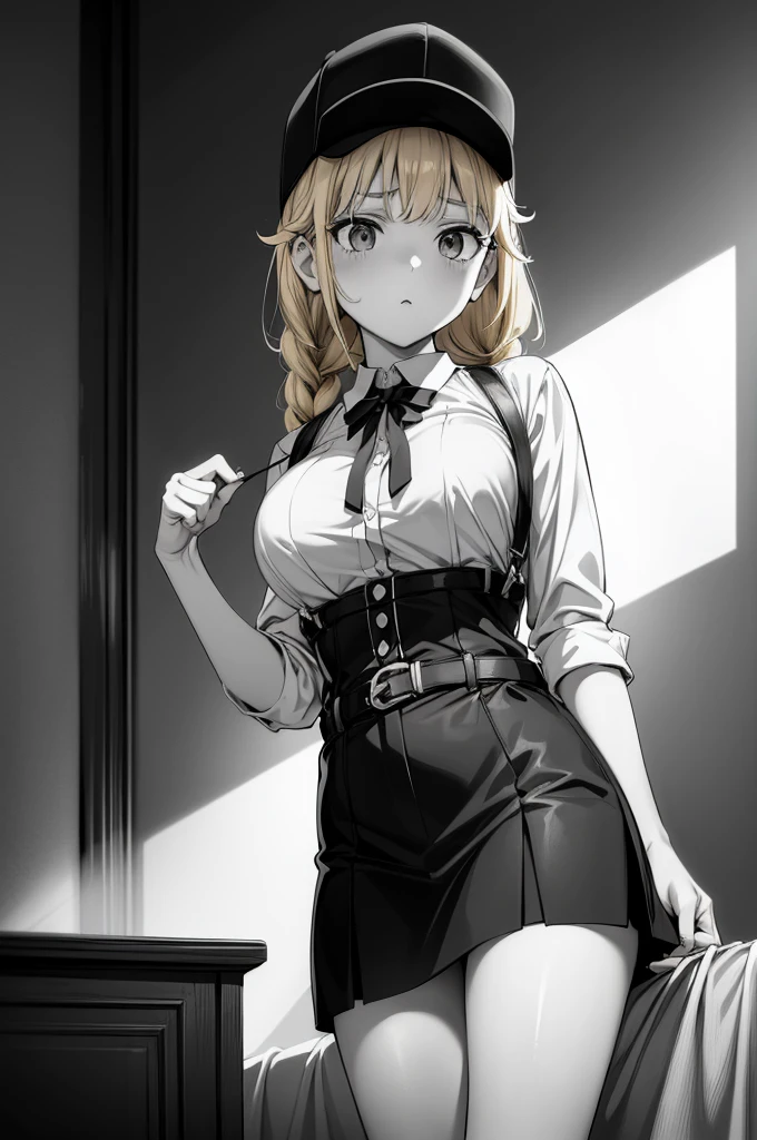 (((grayscale)))​masterpiece、flat-colors、depth of fields、lens flare 1 girl、、watching at viewers　　　black suspenders　　　Bulging big breasts　　 　 　　　walls: 　Black miniskirt　garters　　　　　　Gaze　　　Small face　bangss 　　　holster　　a belt 　Beautuful Women　srestrained　hands up　Lying in bed　Leg holsterin braid, blonde hair,baseball cap, 