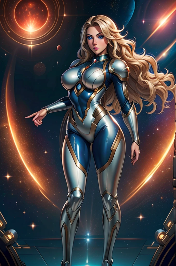 best quality, masterpiece, woman space super hero, beautiful face,full body,hi-tech armour over silver latex suit, long curly blonde hair,flying in super hero pose in deep space, with several planets and suns in the background
