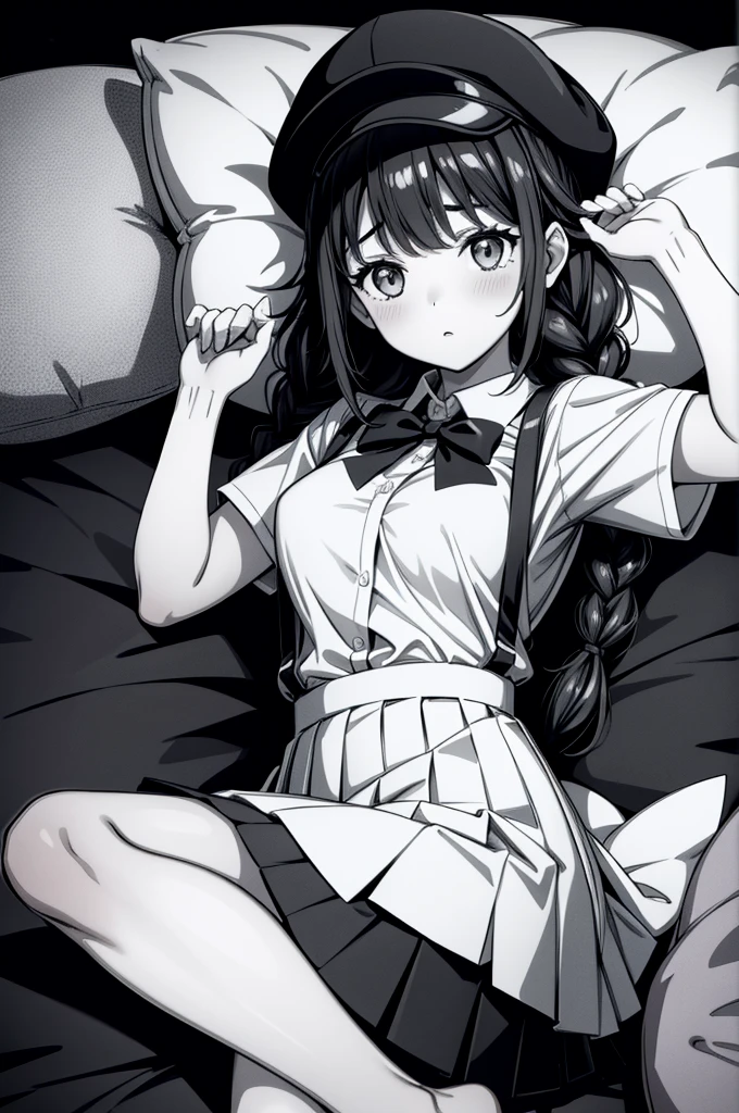 a woman in black and white lying on a bed on her side, 1girl, solo, skirt, hat, shirt, monochrome, on back, greyscale, breasts, lying, pillow, short sleeves, looking at viewer, pleated skirt, baseball cap, bow, blush, bowtie, barefoot, twin braids, collared shirt, suspenders, bangs