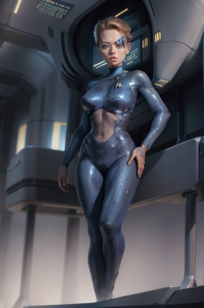 masterpiece, best quality, masterpiece, best quality, 1girl, sevonofnine, short hair, brown hair, blue eyes, wearing a blue bodysuit, (wide hips:0.5), (thick thighs:0.3), (thin waist:0.3), futuristic star trek ship standing at a control panel, hand on hip, looking at viewer, solo, cowboy shot 