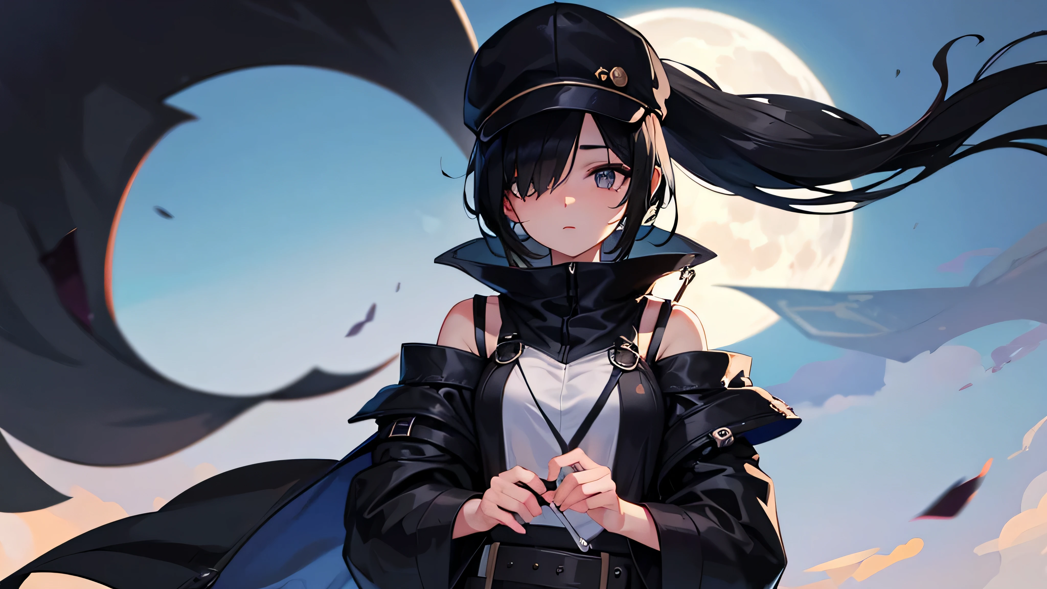 a black hair girl with a cap covering one eye. moon in the background