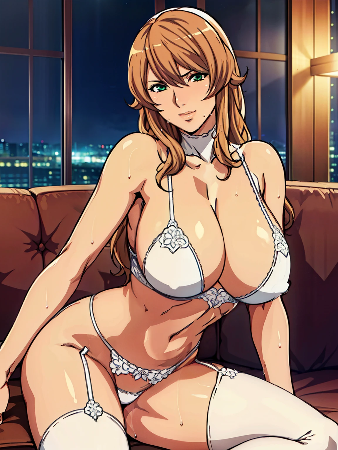 (sitting on luxury sofa), (grabbing breasts pose), spread her legs, white lingerie, white socks, (wet lingerie), seductive pose, night time, window, night city view, (luxury livingroom background), Sigui, mature woman, anime cels style, best quality, high resolution, 1girl, (huge breasts:1.2), beautiful face, Beautiful Finger, Beautiful long legs, Beautiful body, Beautiful Nose,Beautiful character design, long hair, brown hair, Bangs, green eyes, (cowboy shot), light smile, blushing, looking at viewer, pov from top