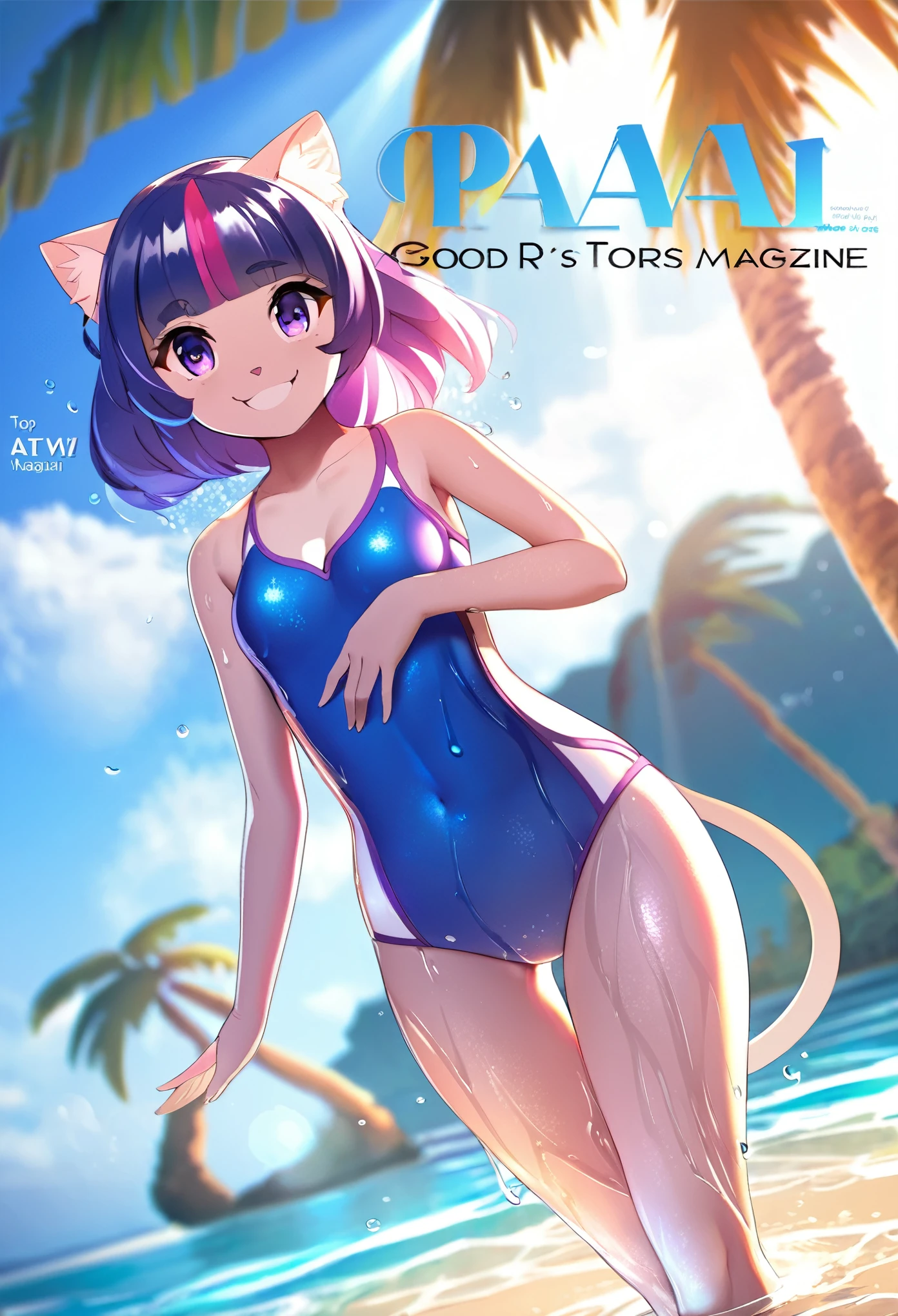 cover page, Hawaii's tourist magazine, highres, top quality, best quality, paid reward available, unparalleled masterpiece, perfect artwork, absurdres(angelic cute 1girl, cat girl)perfect anatomy, best pose as a subject, Wet skin, water droplets, smile, playing in the water, seashore, Palm tree, Swim suit, pareu, twilight, concept, camera angle, good lighting,