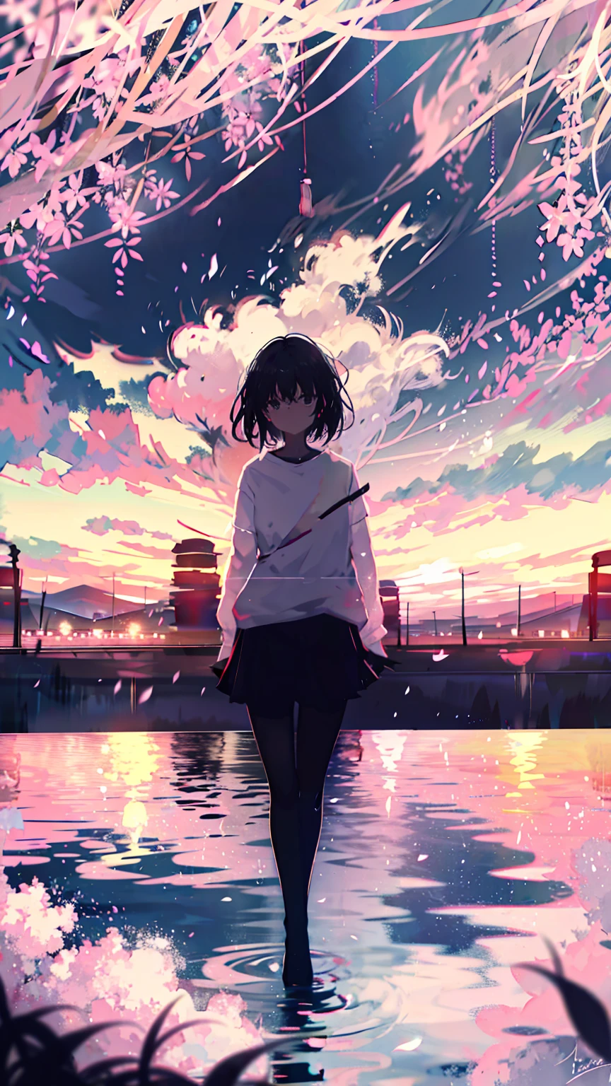 sparrow, black hair girl, wearing a sweater, black skirt, medium hair, headphone, because I'thin, teen, serious face, Japanese high school girl. She is sitting at the shrine,cherry blossoms,cherry blossoms並木,long hair,radiant white skin,long hair