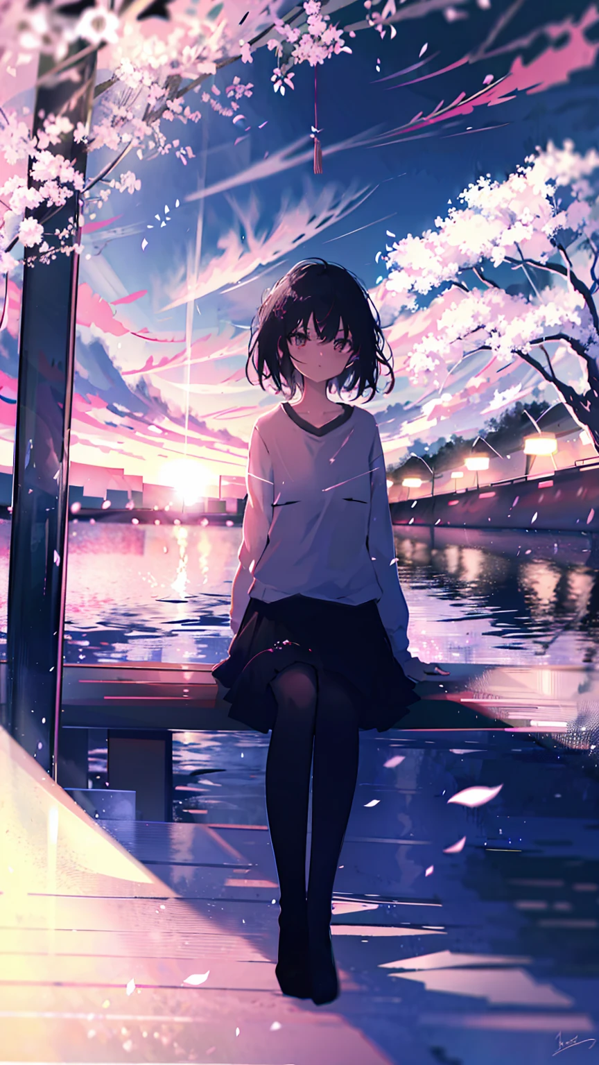 sparrow, black hair girl, wearing a sweater, black skirt, medium hair, headphone, because I'thin, teen, serious face, Japanese high school girl. She is sitting at the shrine,cherry blossoms,cherry blossoms並木,long hair,radiant white skin,long hair
