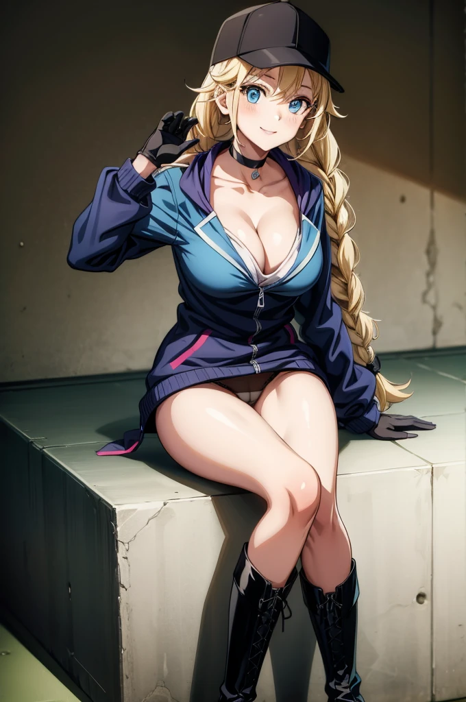 a female anime character in black with rifle and hat on sitting down, 1girl, breasts, solo, blue eyes, hat, twin braids, blonde hair, cleavage, jacket, choker, braid, boots, baseball cap, looking at viewer, smile, sitting, panties, long hair, blue jacket, underwear, gloves, black headwear, holding, open jacket, large breasts, collarbone