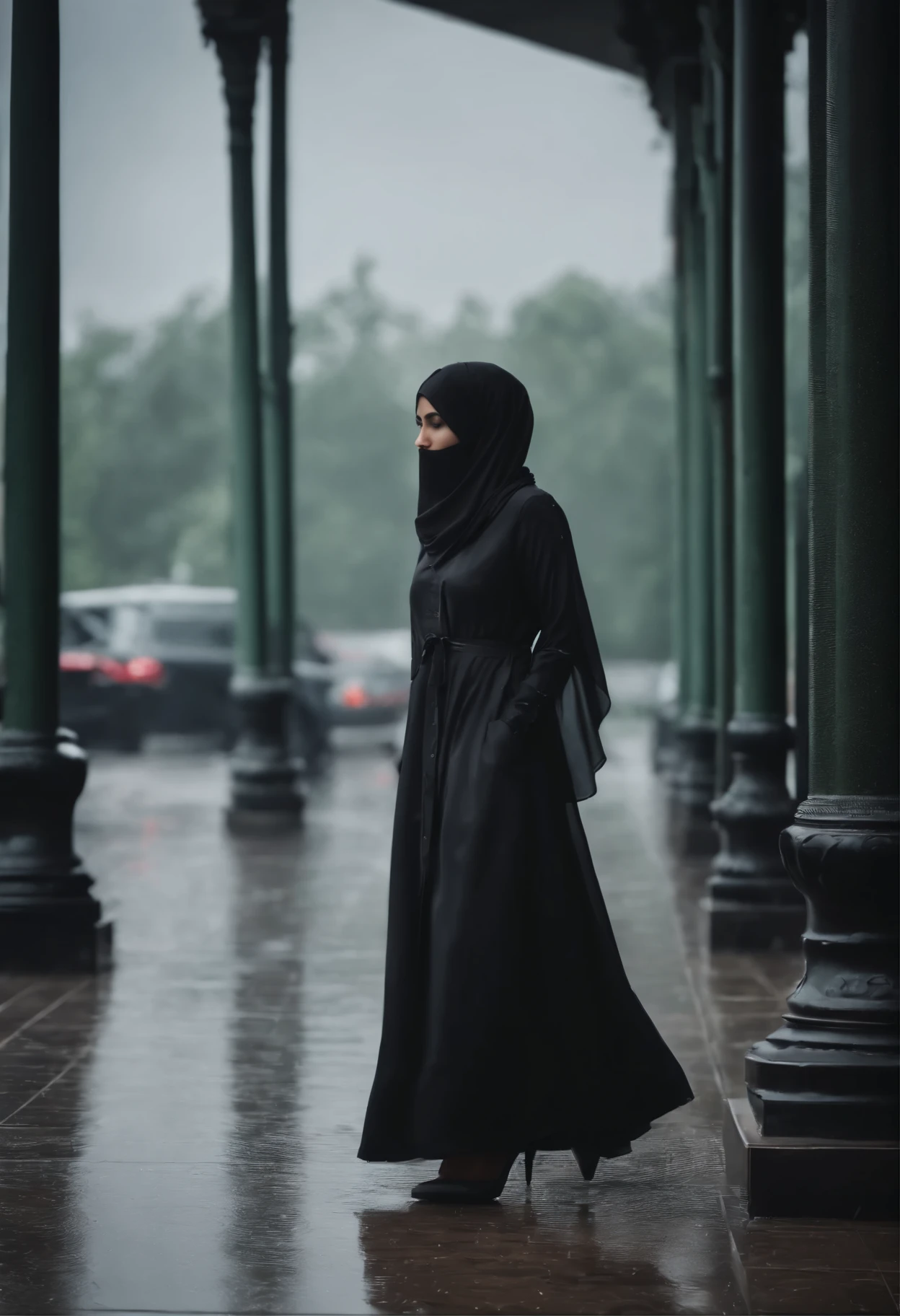A beautiful girl wearing black hijab in rainy day, full body, with abaya, full detail, realistic