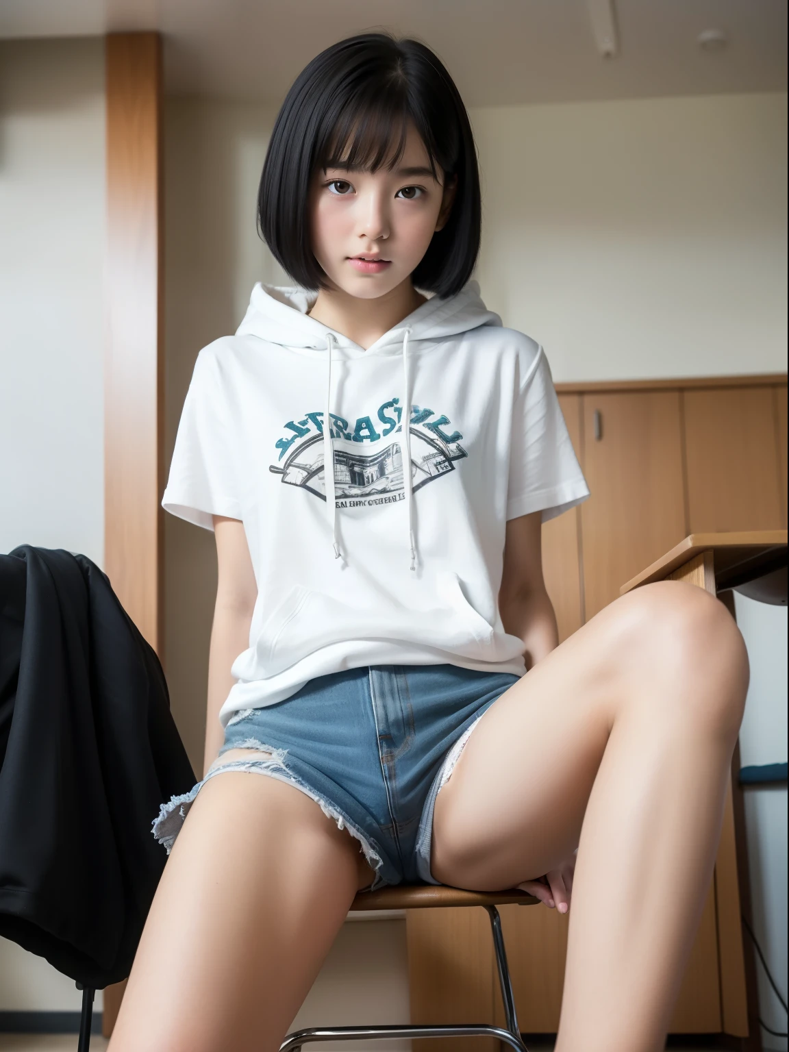 highest quality, masterpiece, ultra high resolution, Raw photo，baby face,1st Junior High School Student，student，teenage girl，Sleep Performance，Sit in a study chair，hand between legs，young，flat chest，erect nipples，White short-sleeved T-shirt，hoodie，student，teenage girl，very short black hair，delicate and body，in house，White wet panties，Delicate genitals，Spread your legs apart，spread your legs，from below