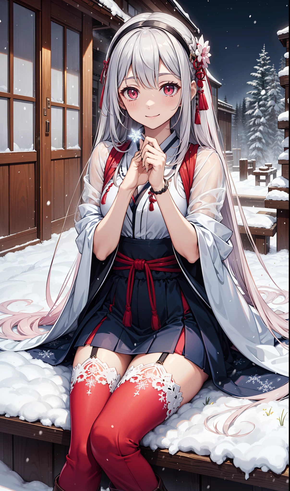 girl，smile,in love，Mild seduction，(Pink tight maxi skirt)，translucent clothes，saint，Lilac colored cloth，Beautiful patterns，Sky blue pattern，snowy night，Transparent lace，Beautifully dressed，sitting position，the only person，Japanese garden，(night:1.1)，Heavy snow，(snowflakes flying)，(Long suspender boots:1.1)，Exquisite and beautiful face，sitting position，Playing with the snow，red eyes, Frosty white hair