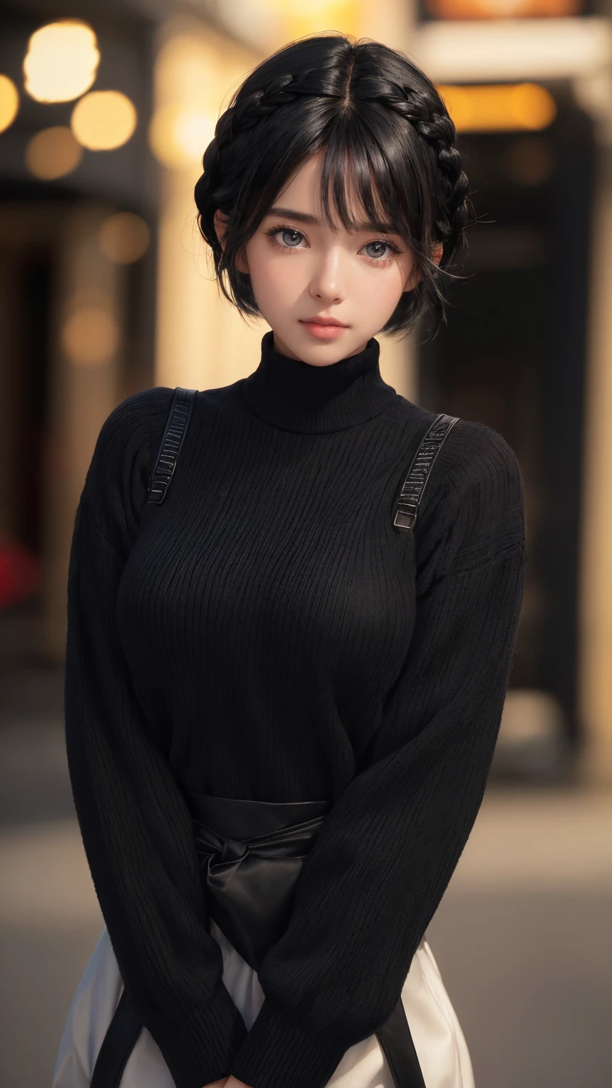 (Masterpiece: 1.3), (8K, Photorealistic, RAW photo, Better quality: 1.4), (1 girl), Beautiful face, (Realistic face), (Black hair, Short hair: 1.3), Gorgeous hairstyle, hair parted in the middle, realistic eyes, beautiful detailed eyes, (realistic skin), beautiful skin, (pulling), absurd, good looking, ultra high resolution, surreal, highly detailed, proportions Aurea, Cinema Light, big adorable eyes, best quality, close to the face, depth of field, bokeh, black turtle neck, black long hair, braid