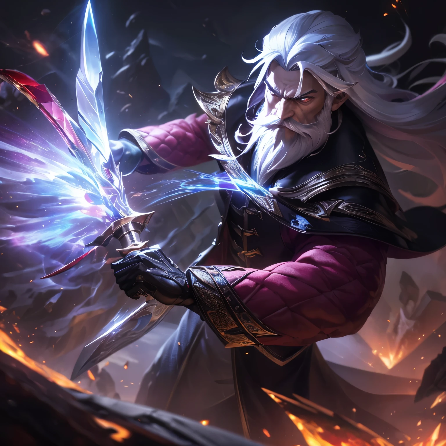 Broken glass, old man, (to shine:1.0), (black fire magic;1.2), long white hair, Wizard, clouds in the sky, photograph, (Shooting fight:1.2), league of Legends, black eyes,Wizard, (holding a knife:1.2), (Broken glass:1.0), Highly detailed, Ancient area, Masterpiece, (HDR)(Wallpaper)(movie light)(Sharp focus), Masterpiece, best quality, (best quality),(Explosive magic:1.2),top view,to shineสะท้อน,overcoatสีดำ,clear colored stone,crystal,sparks,have a beard,magical,overcoat,dark red,Albus Dumbledore,ashes,crimson red