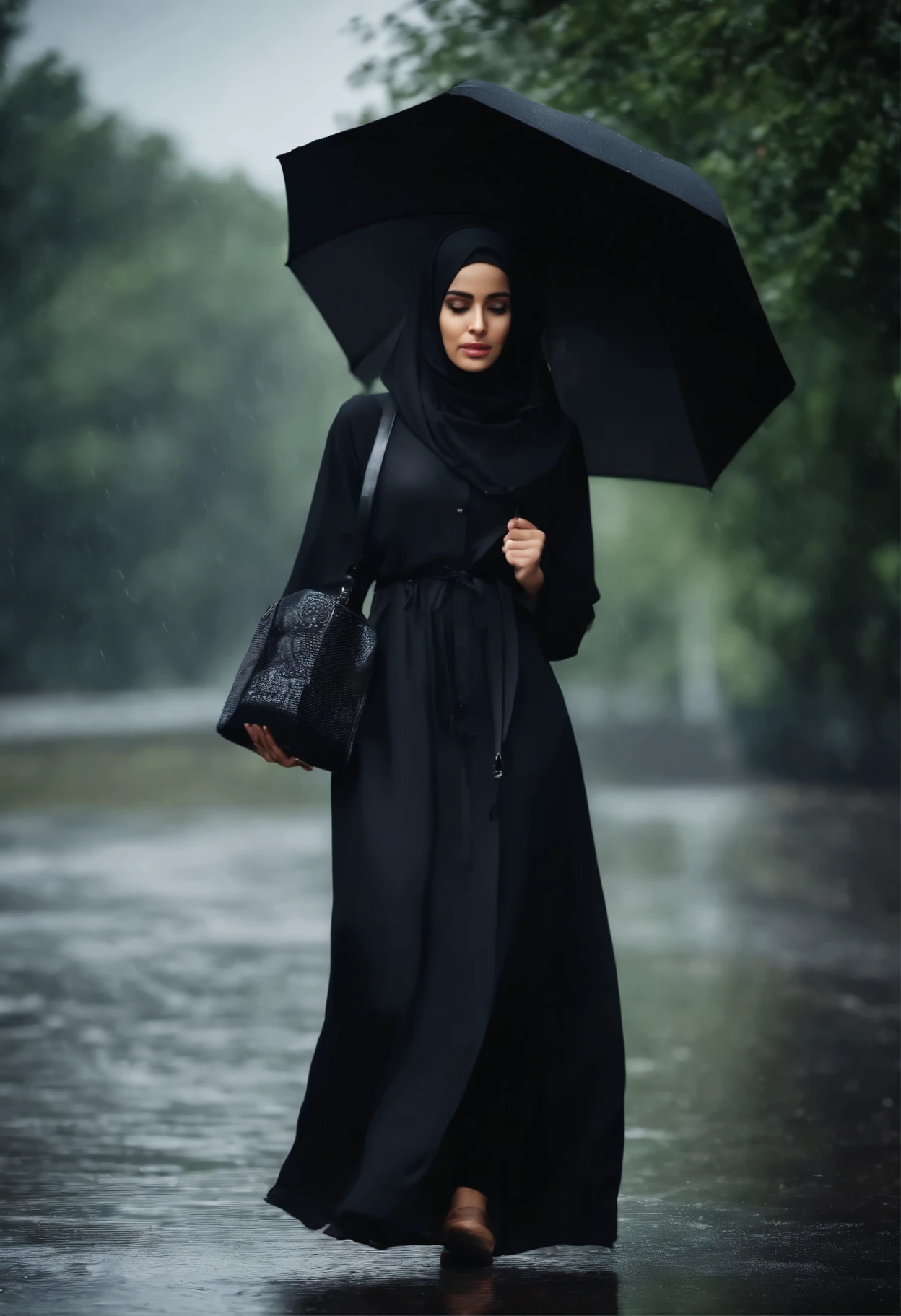A beautiful girl wearing black hijab in rainy day, full body, with abaya, full detail, realistic
