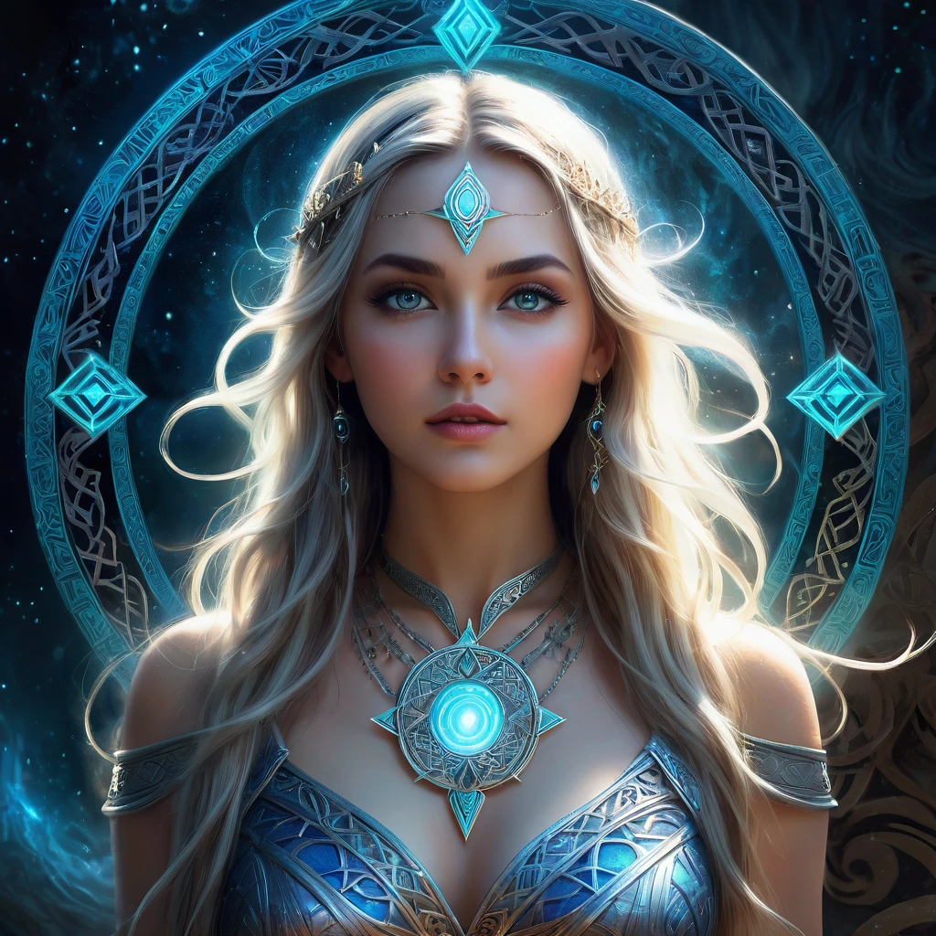 mystical runes, symbol woman, detailed facial features, flowing hair, ancient magic, glowing tattoos, ethereal background, mysterious aura, enchanting eyes, intricate patterns, magical powers, mythical elements, dark atmosphere, haunting beauty, mystical energy, otherworldly presence, supernatural abilities, ancient wisdom, divine connection, captivating gaze, celestial symbols, magical aura, arcane symbols, enchantment, ethereal glow, mesmerizing charm, spellbinding presence, bewitching appearance, transcendent beauty, mesmerizing eyes, spiritual connection, captivating aura, mystical atmosphere, magical incantations, mysterious power, hidden knowledge, secret rituals, transcendent symbols, celestial patterns, captivating expressions. (best quality, highres, ultra-detailed, realistic:1.37), ancient painting style, atmospheric lighting, vibrant colors, captivating composition, dramatic shadows, enchanting color palette.