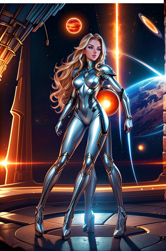 best quality, masterpiece, woman space super hero, beautiful face,full body,hi-tech armour over silver latex suit, long curly blonde hair,flying in super hero pose in deep space, with several planets and suns in the background
