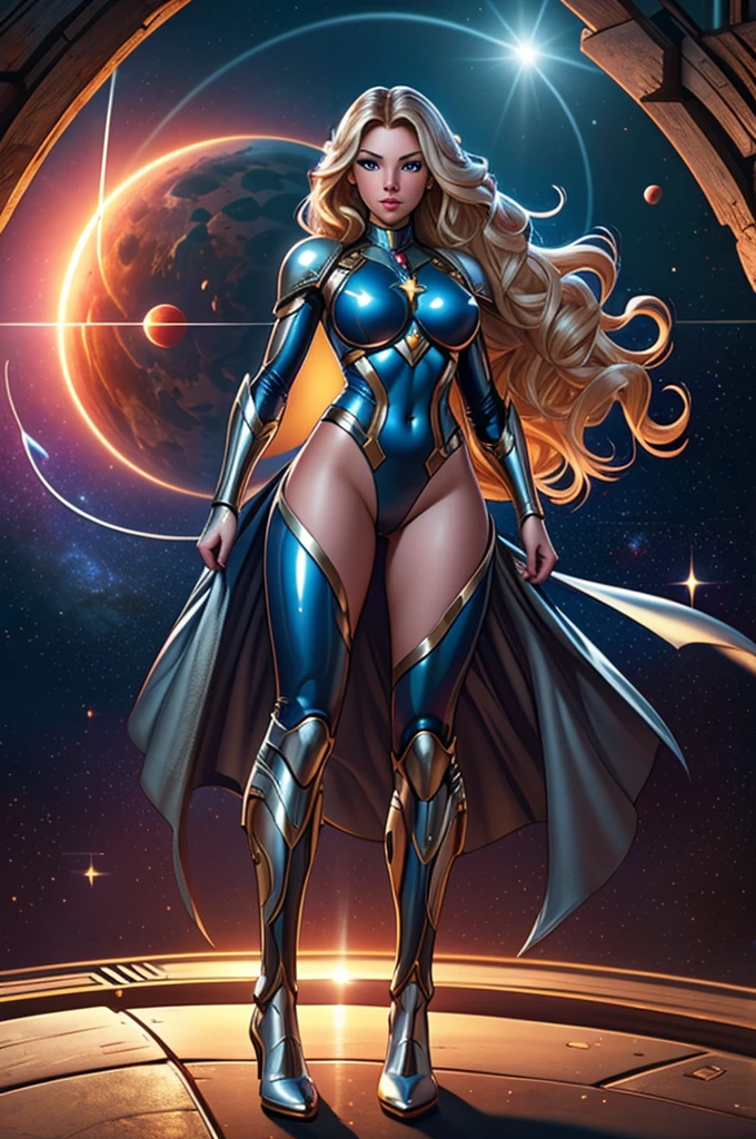 best quality, masterpiece, woman space super hero, beautiful face,full body,hi-tech armour over silver latex suit, long curly blonde hair,flying in super hero pose in deep space, with several planets and suns in the background
