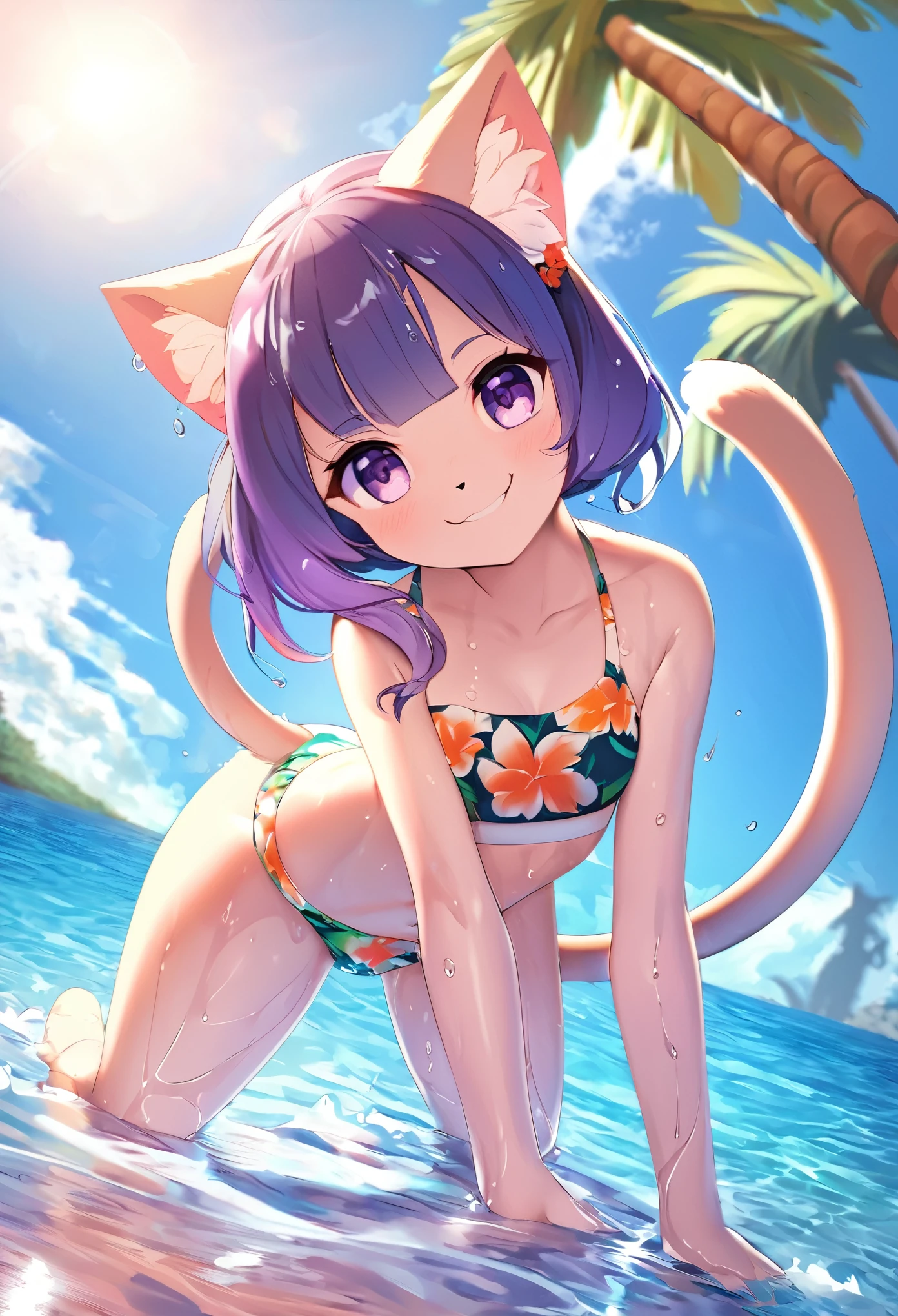 cover page, Hawaii's tourist magazine, highres, top quality, best quality, paid reward available, unparalleled masterpiece, perfect artwork, absurdres(angelic cute 1girl, cat girl)perfect anatomy, best pose as a subject, Wet skin, water droplets, smile, playing in the water, seashore, Palm tree, Swim suit, pareu, twilight, concept, camera angle, good lighting,