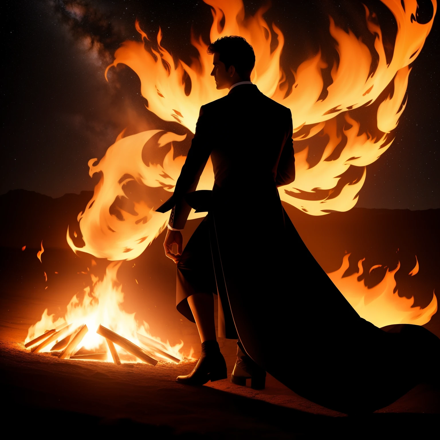 Un homme d'une allure déterminée avance avec assurance, sa silhouette enveloppée d'un feu flamboyant qui le consume de la tête aux pieds, illuminating the clear sky with its incandescent glow.