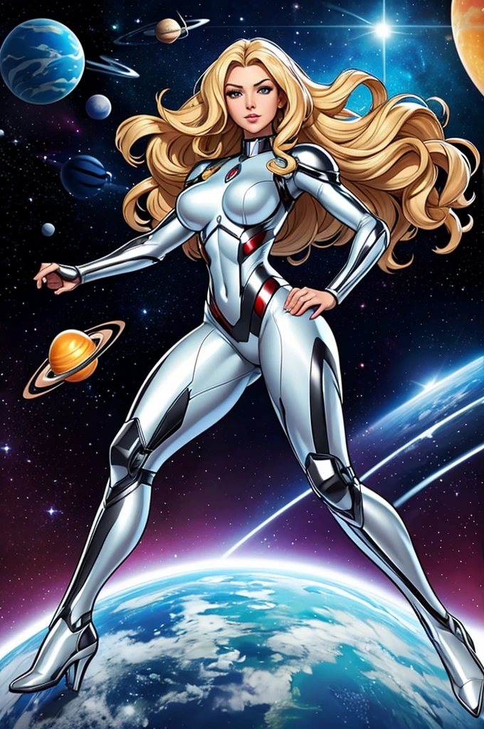 best quality, masterpiece, woman space super hero, beautiful face,full body,hi-tech armour over silver latex suit, long curly blonde hair,flying in super hero pose in deep space, with several planets and suns in the background
