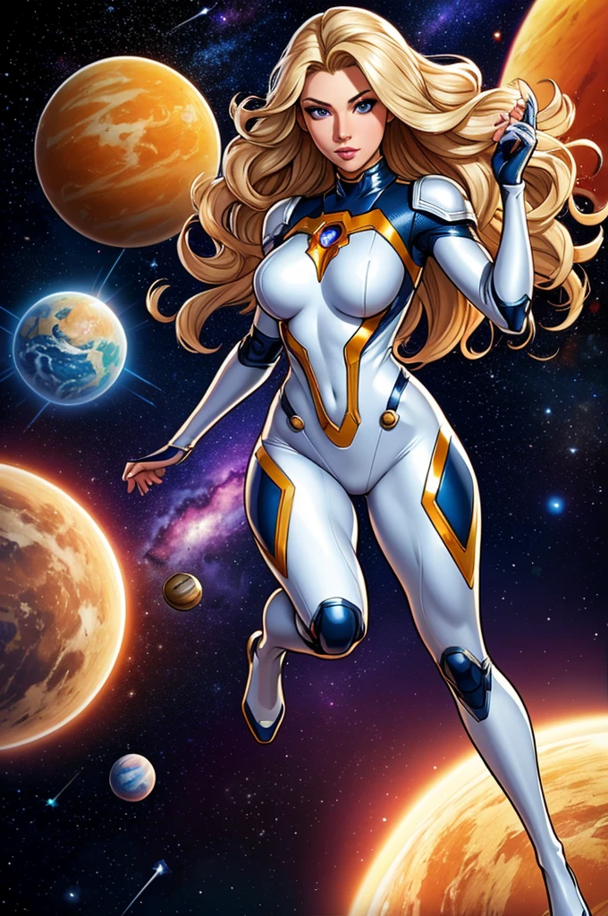 best quality, masterpiece, woman space super hero, beautiful face,full body,hi-tech armour over silver latex suit, long curly blonde hair,flying in super hero pose in deep space, with several planets and suns in the background
