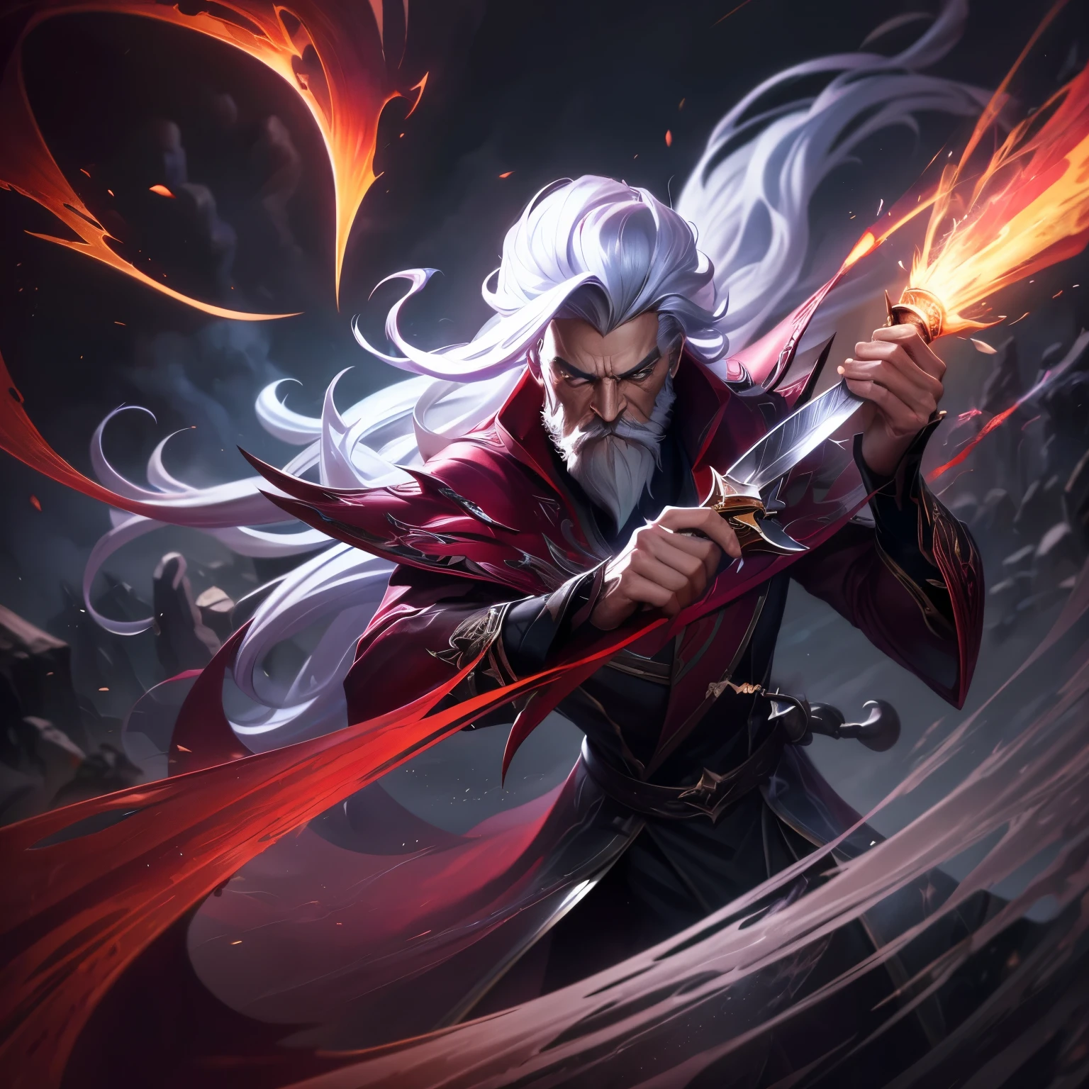 Broken glass, old man, (to shine:1.0), (black fire magic;1.2), long white hair, Wizard, clouds in the sky, photograph, (Fighting posture:1.2), league of Legends, black eyes,Wizard, (holding a knife:1.2), Highly detailed, river area, Masterpiece, (HDR)(Wallpaper)(movie light)(Sharp focus), Masterpiece, best quality, (best quality),(Explosive magic:1.2),top view,to shineสะท้อน,overcoatสีดำ,sparks,have a beard,magical,overcoat,dark red,Albus Dumbledore,ashes,crimson red,Headscarf,crown of thorns,Evelynn,