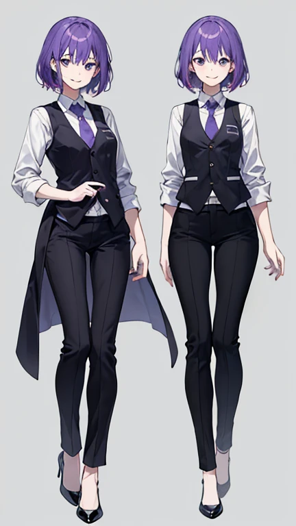 Woman with purple hair,bartender,vest,shirt,tie,pants,Heel,simple background,smile,whole body,full body,full body,Standing picture,vtuber,front,from front,Viewer's perspective,視線をfrontに,
