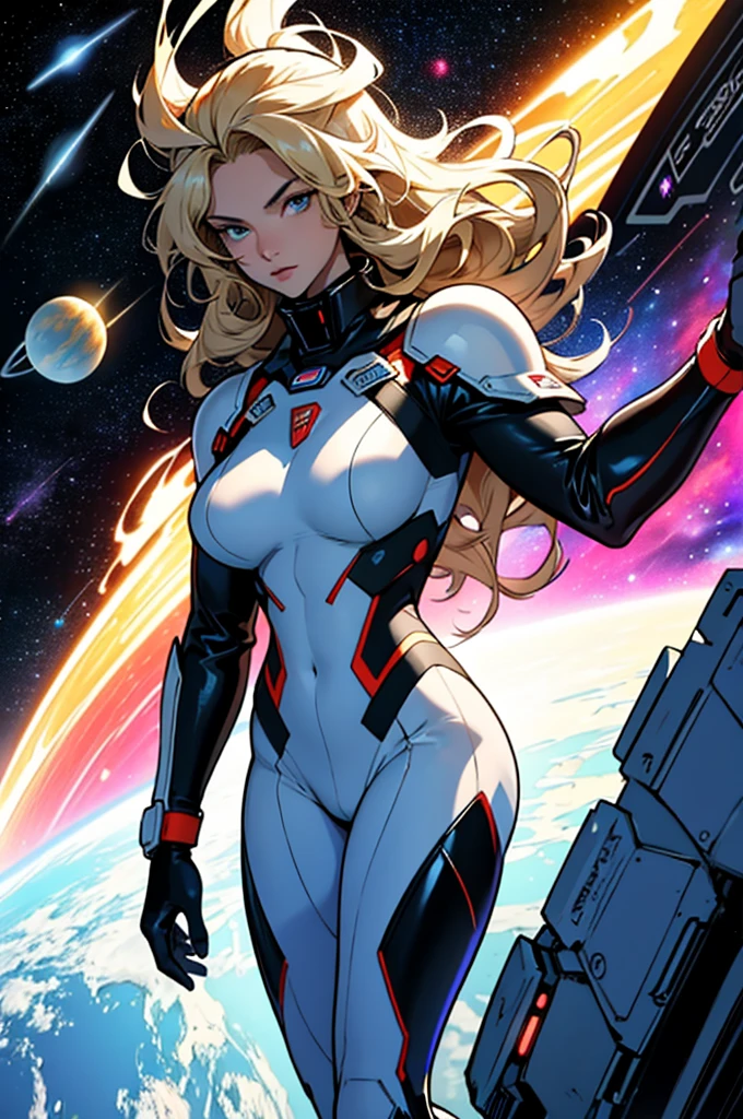 best quality, masterpiece, woman space super hero, beautiful face,full body,hi-tech armour over silver latex suit, long curly blonde hair,flying in heroic pose in deep space, with several planets and suns in the background
