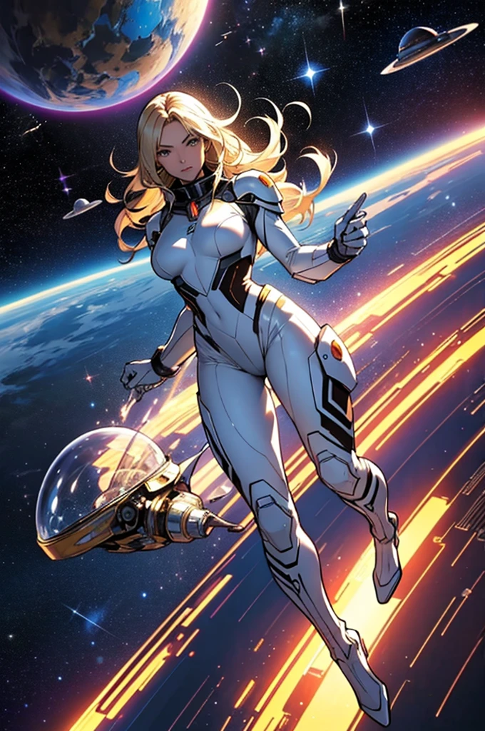 An image depicting an elegant woman from space in a sleek and sophisticated futuristic spacesuit floating gracefully in Earth's orbit. O pano de fundo apresenta a beleza majestosa do nosso planeta, increasing the allure of his presence.