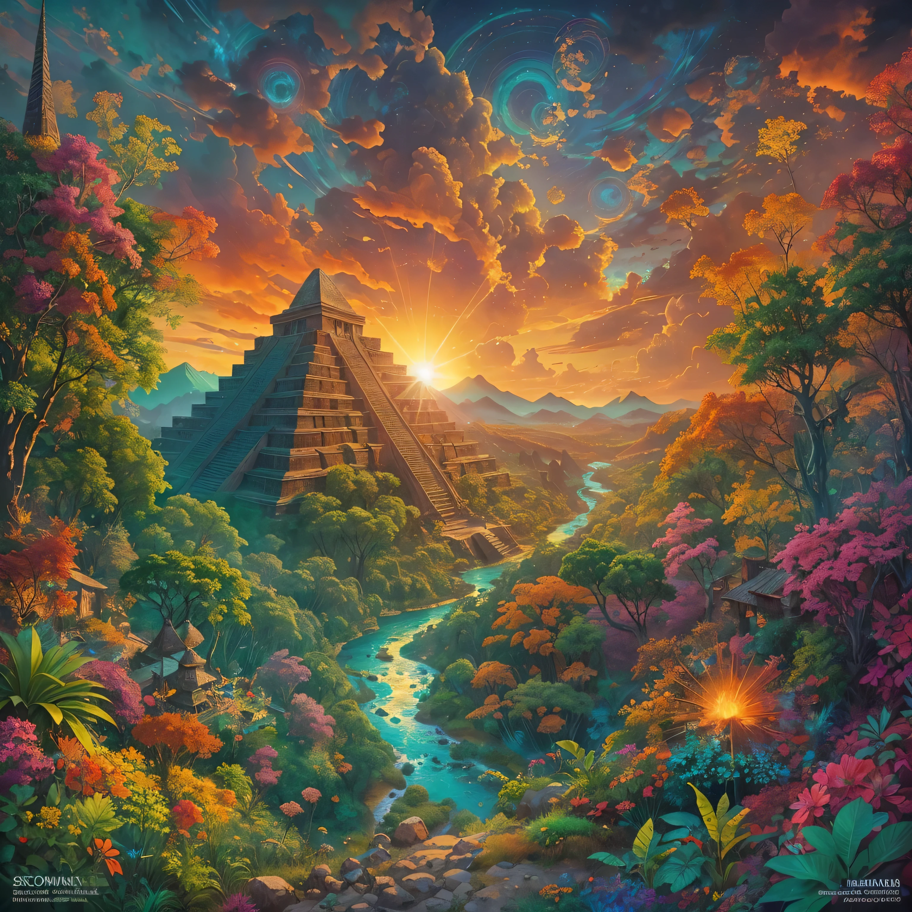 Create a vibrant, otherworldly painting that immerses the viewer in an Aztec-inspired realm. Imagine um denso, Fantastic forest filled with an astonishing variety of vivid vegetation, As the murmuring rivers meander through this lush paradise. In the distance, Montanhas majestosas erguem-se contra o horizonte. In the midst of this surreal scenario, Aztec technicolor pyramids emerge, adornado com fractais hipnotizantes e espirais que parecem pulsar com energia. O sol, sua luz composta por 16k saturadas e cores vibrantes, Hanging in the sky, casting an ethereal glow over the entire scene. Bring intense saturation to life, A complexidade hipnotizante dos fractais, And the feeling of stepping on a vivid, Dreamlike world where reality mixes with the extraordinary.