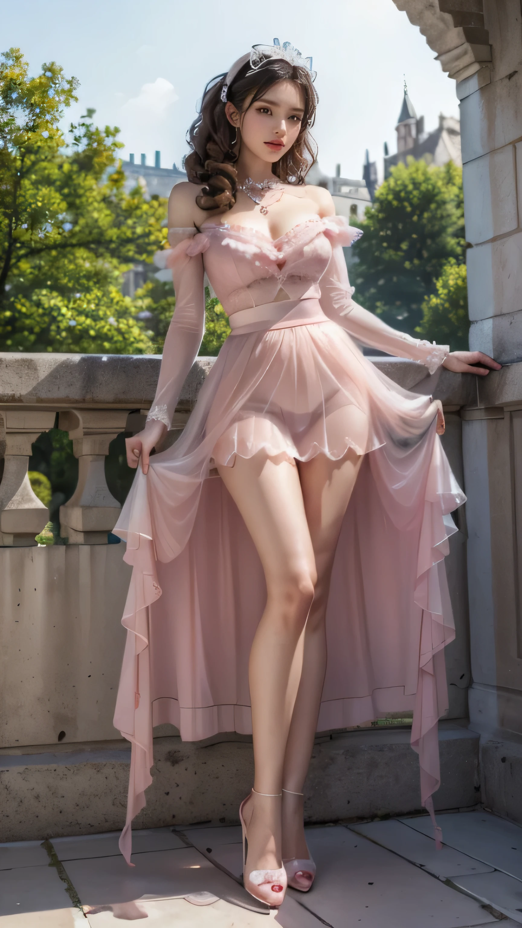 (Woman standing on the balcony of an old castle),(masterpiece, highest quality, realistically, work, Super detailed, 8K), ((wide angle lens, full body female love)), 1 girl,light makeup,exquisite features,smile,exquisite crystal jewelry,heart shaped necklace,Crystal Headband,light brown hair, pompadour hairstyle, curl,Correct finger structure,Translucent flared mini skirt, Translucent pink lace off-shoulder ta fashion outfit,leather shoes,long legs,frontal standing posture ,full body portrait,European castles are hazy