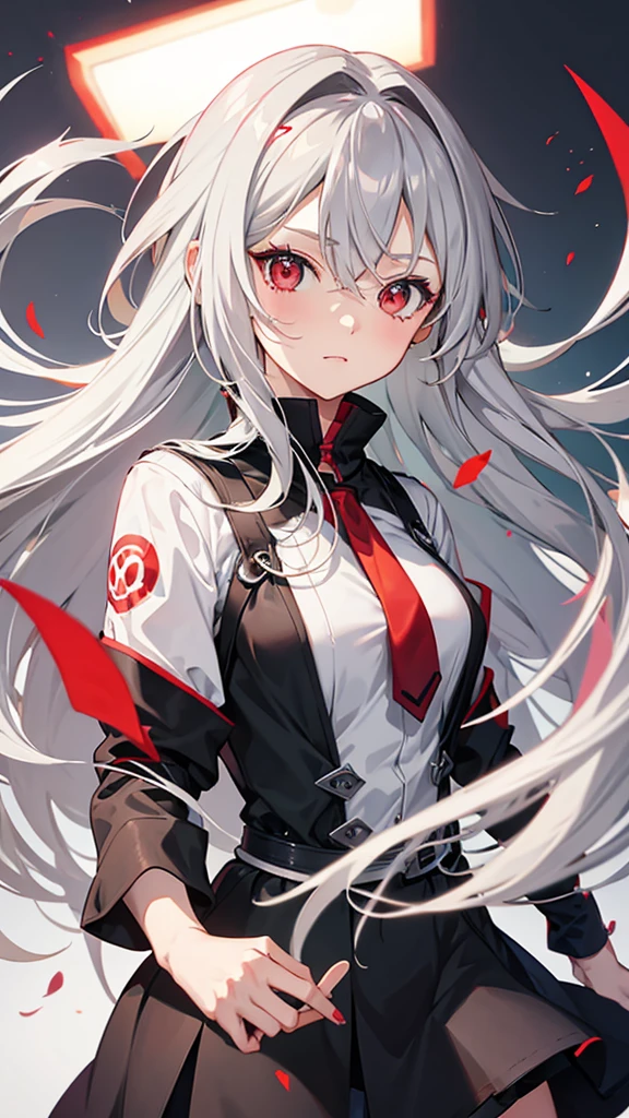 Anime girl with light gray hair and red eyes 