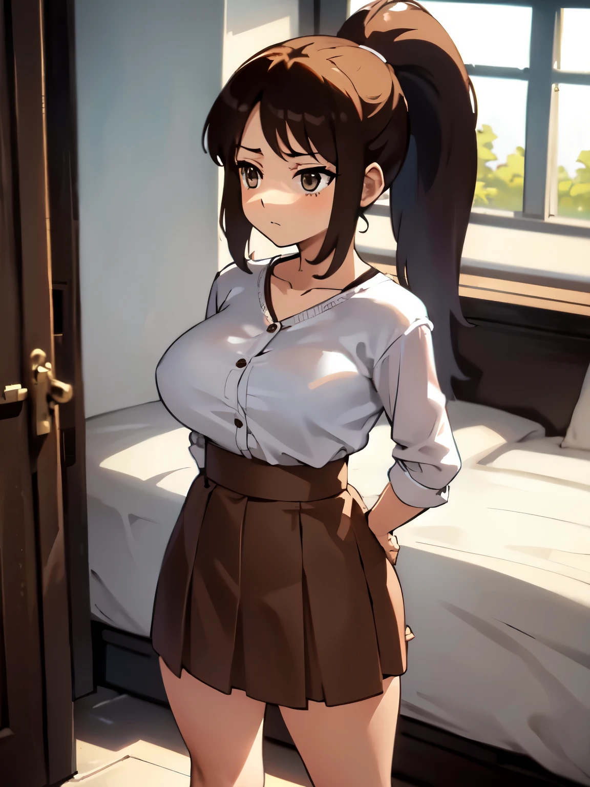 masterpiece, best quality, beautiful, highres, a girl, troubled, standing, front view, ponytail, brown hair, brown eyes, eyes open, fair skin, short, medium breasts, blouse, skirt, in the room, in the morning, anime, full body shot, from front,