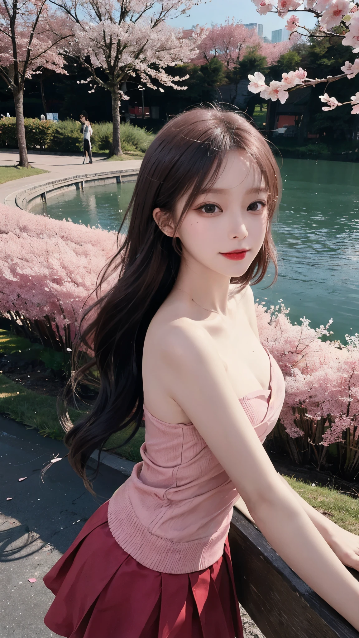 masterpiece,real photos,(solo) Real light and shadow,HDR backlight,Contour light,Shallow depth of field,reddish brown long straight hair,Elegant Chinese beauty,smile,Dancing by the lake, Wearing a strapless cardigan dress,The light reflects on her skin,The breeze blew her face,Surrounded by cherry blossom trees,petals flying everywhere,The skirt is flying and rhythmic, wild-angle view