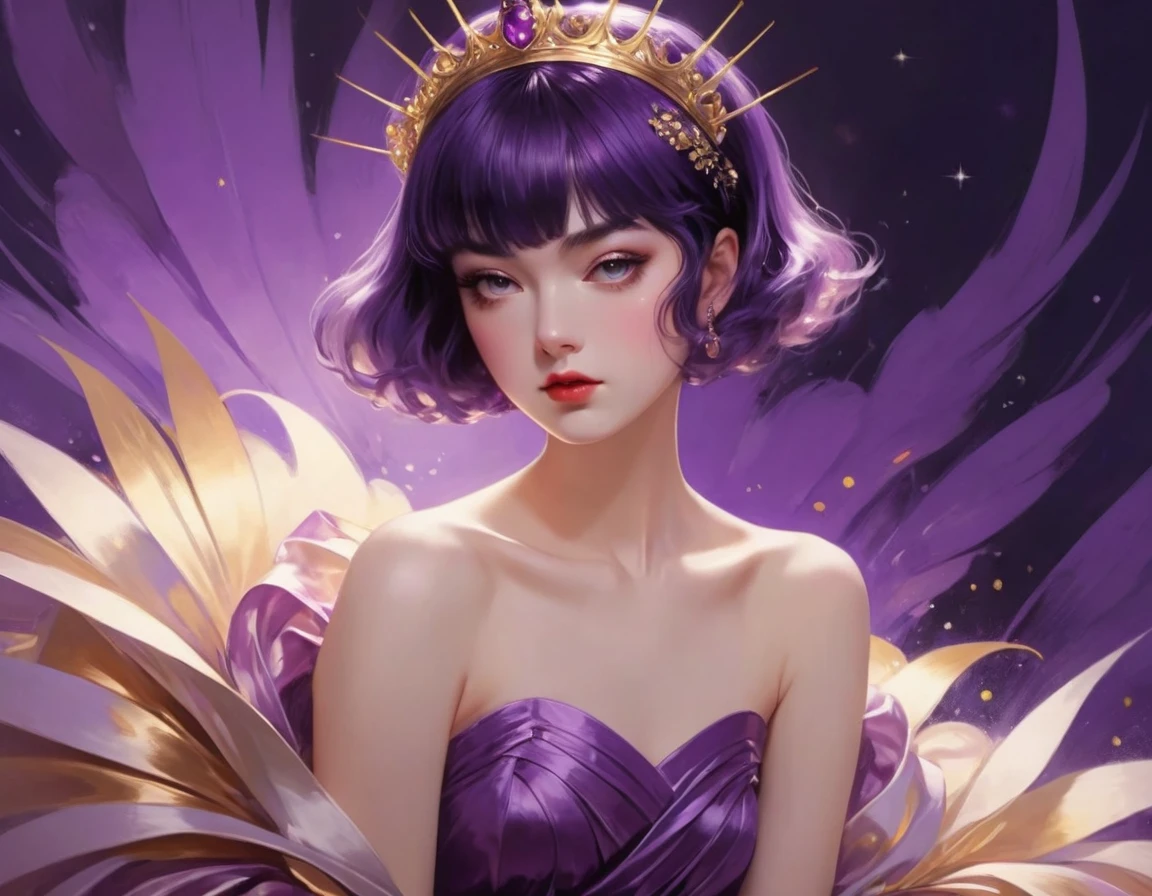 chiaroscuro technique on sensual illustration of an elegant queen (((short hair with bangs:1.4、Beautiful bangs) , vintage ,silky dress, matte painting, by John Singer Sargent, by Harumi Hironaka, extremely soft colors, dark vibrant, purple pastel, highly detailed, digital artwork, high contrast, dramatic, refined, tonal, an intimate, seductive studio setting with a focus on sensuality and romance. Utilize soft, warm lighting that bathes the space in a gentle, inviting glow. Incorporate luxurious fabrics, plush furnishings, and a touch of decadence to evoke an opulent ambiance. The scene should exude an air of serenity and anticipation, inviting the viewer into a sensual and romantic space