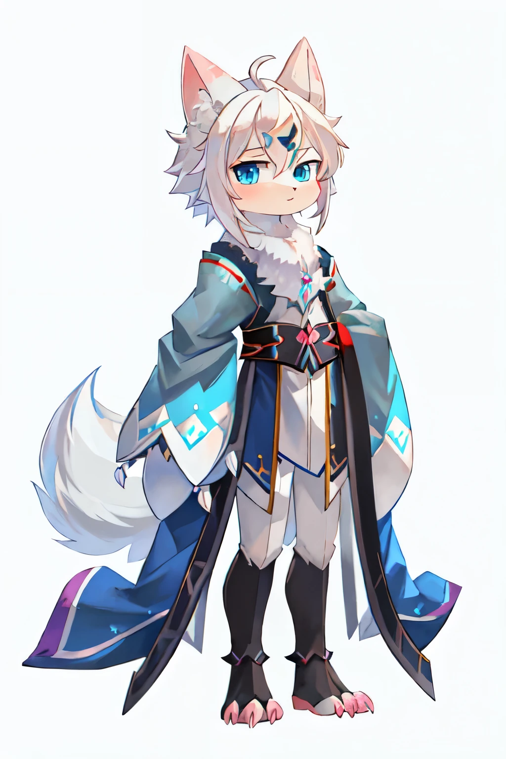 A cute little grey wolf。white hair。pink ears，blue eyes，Sharp claws，Kneel down，The body stands upright，Tail tilted to one side。The background is solid gray，personification，Furry painting style
