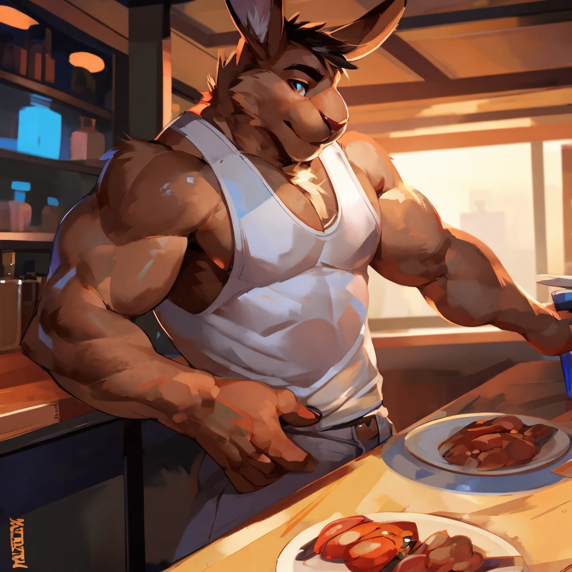 Medium muscular, hare, in tank top, white shirt, By mystikfox61