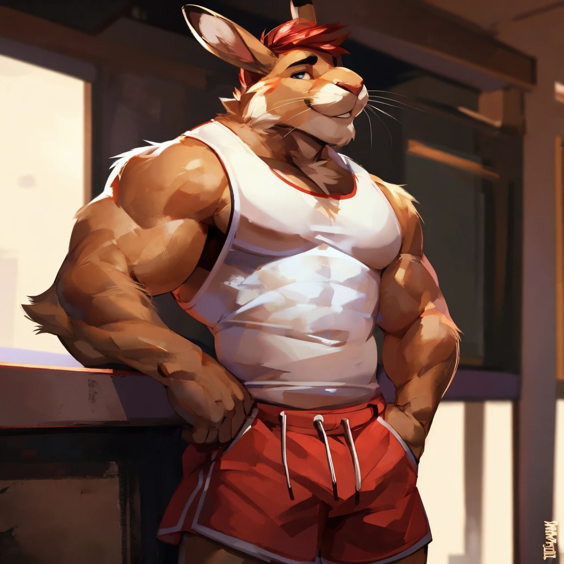 torahiko, solo, blue eyes, chunky muscular, pink bunny tail, bara, (pose:1.5), (posing:1.2), (soft shading), 4k, hi res, five fingers, detailed hands, ((detailed cartoon face, (detailed eyes:1.0), detailed)), (full body), by Oliver Dugger , by zaush, (by personalami:0.5), solo, looking at his balls, big smile, short hair, 1boy, male focus, thighs, one eye closed, shorts, feet out of frame, thick thighs, tank top, squatting, black shorts, bulge, pectoral cleavage, sidepec INFO Size 2272X4096 Date Sep 30, 2023 Mode
INFO
Size
768X768
Date
Apr 16, 2024
Mode