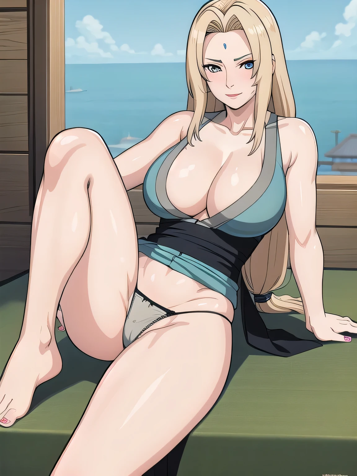 tsunade, solo, best quality, highres, super detail, anatomically correct, high details, (panties), blond long hair, (panties)