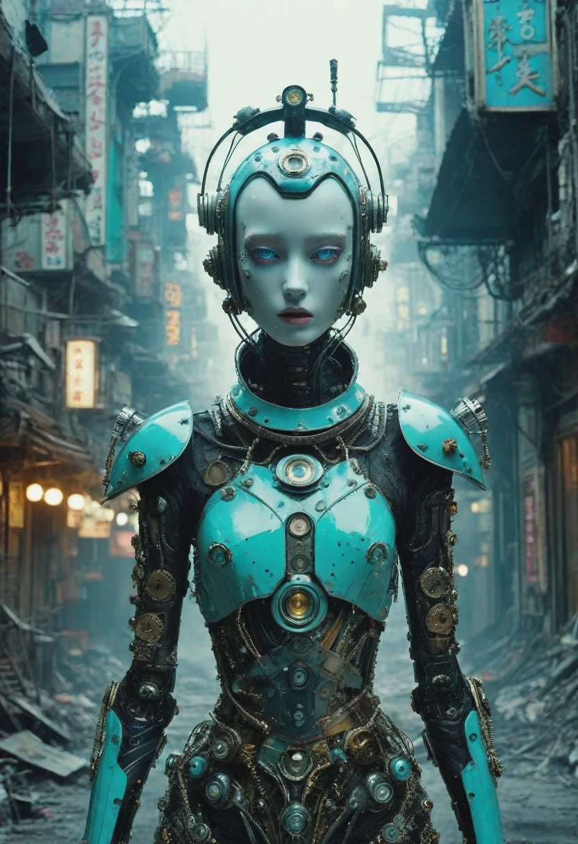 Full body photograph by Tim Walker. Little funny robot, porcelain face and head, big turquoise eyes, perfect eyes, best quality in neo-Harajuku style, embodying the mood of a post-apocalyptic world, intricate details of the robot, space outfit highlighted by sharp contrasting shadows, strikingly bright colors, atmospheric dust particles, scattered face, background of a decaying city, UHD digital rendering, a fascinating combination of fashion and dystopia. eerie atmosphere, fusion, horror, Japanese townscape, long neck, robots, v 6. full body shot three quarter view --ar 9:16 --stylize 750
